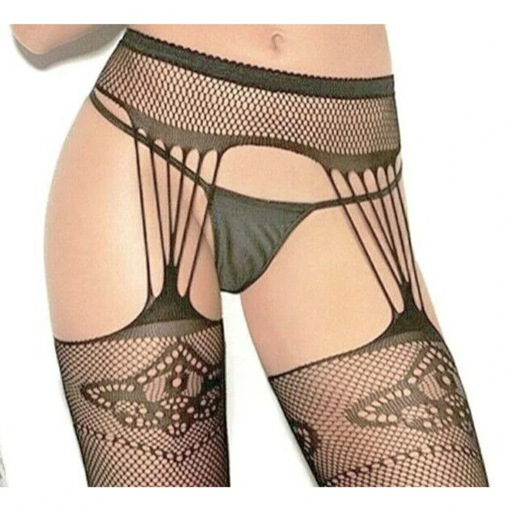 2-Pack Suspender Pantyhose Womens OS Crochet Fishnet Stretch Nylon Tights Set